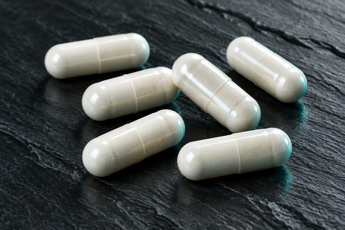 Illustrative close-up of generic capsules on a stone surface